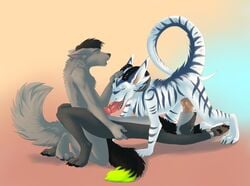 69 anthro canine claws cuffs fellatio fur furry grey_fur group horn hybrid kin-cishepholf mammal nails open_mouth oral pawpads precum sergal sex sharp_teeth teeth white_fur wolf