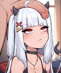 ai_generated annoyed bikini bombalurina_ai cleavage cum cum_on_face demon_horns demon_tail flaccid indie_virtual_youtuber indoors large_breasts large_penis looking_at_penis looking_up lucy_pyre penis_on_head short_hair virtual_youtuber vtuber white_hair