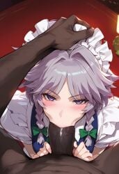 1boy 1girls ai_generated blue_eyes dark-skinned_male fellatio female female_focus izayoi_sakuya light-skinned_female maid maid_headdress mature_female sakuya_izayoi touhou white_hair