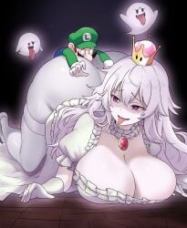 1boy 1girls all_fours amogan ass big_ass big_breasts boo_(mario) boosette breasts cleavage clothing crown dumptruck_ass dumptruck_butt enormous_ass enormous_breasts facial_hair fat_ass female ghost ghost_girl giant giantess gloves green_hat green_shirt human human_on_humanoid humanoid large_ass large_breasts larger_female long_hair luigi luigi's_mansion male male/female mario_(series) massive_ass massive_breasts moustache nintendo open_mouth purple_eyes size_difference smaller_male straight tongue tongue_out voluptuous voluptuous_female white_body white_dress white_gloves white_hair