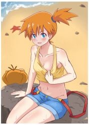 :d arm_support asymmetrical_hair bare_arms bare_shoulders beach blue_eyes blue_shorts blush bottle breasts creatures_(company) crop_top day denim denim_shorts eyelashes female game_freak gen_1_pokemon groin gym_leader hair_between_eyes hair_tie highres holding holding_bottle kasumi_(pokemon) kasumi_(pokemon) looking_at_viewer midriff navel nintendo nipples open_mouth orange_hair outdoors pokemon pokemon_(anime) pokemon_(classic_anime) pokemon_rgby ponytail psyduck rock sand shiny_skin shirt short_hair short_shorts shorts side_ponytail sitting sleeveless sleeveless_shirt smile solo suspenders sweat tank_top teeth thighs tongue upper_teeth_only water yellow_shirt yellow_tank_top