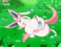 animal_genitalia animal_pussy anus ass bush canine_pussy eeveelution eyelashes feline female feral fur grass kamikitsu lying mammal nature nintendo open_mouth outside pawpads paws pink_fur pokemon pokemon_(species) pussy ribbons solo sylveon tongue tongue_out tree video_games white_fur