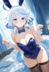 ai_generated alternate_costume blue_eyes blush breasts bunny_ears bunny_girl bunnysuit cute furina_(genshin_impact) genshin_impact leotard looking_at_viewer rabbit_ears skimpy stable_diffusion tagme thighhighs white_hair