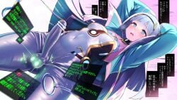 arms_behind_head bar_censor blue_eyes blush bodysuit breasts bulge calpish censored commentary_request covered_navel cowboy_shot d: dutch_angle erection erection_under_clothes eudie_(shadowverse) female futanari glowing_testicles grey_hair hairband holographic_interface jacket long_hair open_clothes open_jacket shadowverse shadowverse:_worlds_beyond small_breasts solo translation_request white_bodysuit