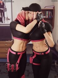 3d 3d_(artwork) abs athleisure_assassin belly clothed darkbahamuth fortnite kissing midriff selfcest sfw