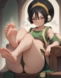 1girls ai_generated ass avatar_legends avatar_the_last_airbender bangs bare_legs bare_shoulders barefoot black_eyes black_hair blind blush breasts cameltoe capybarai chair closed_mouth clothing earmuffs earth_kingdom feet female female_only foot_focus foreshortening grey_eyes hair_between_eyes headphones headwear indoors legs light-skinned_female looking_at_viewer navel pantsu patreon_username shirt short_hair sitting small_breasts smile soles solo steam thighs toenails toes toph_bei_fong underwear