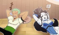 android artist_request beepo_(chunkymoon) female machine male one_piece robot robot_girl roronoa_zoro sleeping zoro