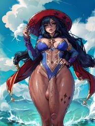 1futa ai_generated balls big_breasts blue_eyes blue_hair bulge bulge_down_leg bulge_through_clothing detached_sleeves dickgirl futa_only futanari genshin_impact gigantic_ass gigantic_penis hat huge_cock jewelry leotard looking_at_viewer mona_(genshin_impact) navel navel_visible_through_clothes outdoors parted_lips solo solo_futa stable_diffusion testicles veritai witch_hat wizard_hat