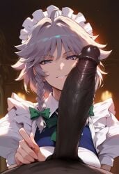 1boy 1girls ai_generated blue_eyes dark-skinned_male female female_focus interracial izayoi_sakuya large_penis light-skinned_female looking_at_viewer maid maid_headdress mature_female penis_on_face pov sakuya_izayoi smiling touhou white_hair