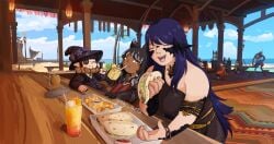 3girls au_ra background eating fangs final_fantasy_xiv food lalafell xaela yagi_arts