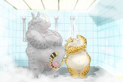 2boys accidental_circumstance accidentally_gay balls benjamin_clawhauser blush cheetah disney erection feline flaccid huge_penis large_balls male male_only mammal nude officer_mchorn overweight overweight_male penis rhinoceros shower size_difference small_penis soap swampstomper yaoi zootopia