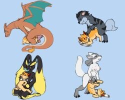 2017 anthro black_hair canid canine charizard elemental_creature fan_character feral firedog fur generation_1_pokemon generation_2_pokemon generation_4_pokemon grey_body grey_fur growlithe hair jet_(gojithefox) lopunny lucario male mammal moonlight-kat nintendo pawpads paws pokemon pokemon_(species) quadruped quilava razor_(razim) razor_the_firedog size_difference stripes tail white_body white_fur