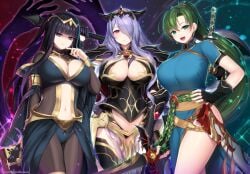 3girls armor black_armor black_hair black_panties bodystocking book breasts camilla_(fire_emblem) clawed_gauntlets cleavage fire_emblem fire_emblem:_the_blazing_blade fire_emblem_awakening fire_emblem_fates fire_emblem_warriors green_hair hair_over_one_eye highres holding holding_sword holding_weapon huge_breasts kashiwamochi_yomogi large_breasts long_hair lyn_(fire_emblem) multiple_girls nintendo official_alternate_costume panties pelvic_curtain ponytail purple_eyes purple_hair scabbard sheath shoulder_armor side_slit smile sword tharja_(fire_emblem) thighs tiara twintails underwear very_long_hair wavy_hair weapon