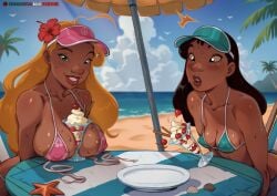2girls areola_slip areolae beach big_breasts bikini bikini_bottom bikini_top black_hair blonde_hair blue_bikini blue_eyes blush bottomwear breast_size_difference breasts brown_eyes cleavage disney female female_only flower flower_in_hair food_between_breasts forkedtail hair hair_ornament hat headwear huge_breasts lifeguard_(lilo_and_stitch) lilo_and_stitch lips long_hair nani_pelekai object_between_breasts pink_bikini plate shell small_breasts smile starfish sundae surprised sweat sweatdrop swimwear table thick_lips topwear visor