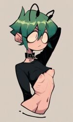 1girls ai_generated antennae black_shirt bottomless bug_girl choker green_hair kafila_(kosine1777) kosine1777 long_sleeves nipples nude_breasts original original_character petite short_hair small_breasts