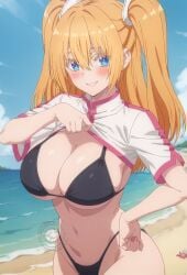 2.5_jigen_no_ririsa ai_generated amano_ririsa bare_legs beach big_breasts bikini bikini_top blue_eyes blush cosplay curvaceous curvy_female huge_breasts huge_thighs light-skinned_female light_skin liliel_(cosplay) lokokabooster69 looking_at_viewer massive_breasts orange_hair shounen_jump+ smiling solo_female squatting sweat sweatdrop thick_body thick_female thick_thighs twintails voluptuous voluptuous_female