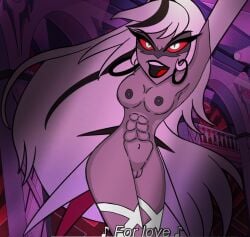 abs arms_up breasts carmilla_carmine dancing grey_hair hazbin_hotel long_hair naked naked_female nipples no_bra no_panties pussy red_sclera small_breasts song tall_female vivienne_medrano vivziepop white_eyes white_hair