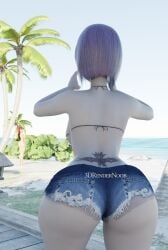 2girls 3d_(artwork) 3drendernoob beach big_ass bikini_top blender_(artwork) daisy_dukes female_only goth nude purple_hair raven_(dc) shorts sideboob starfire tattoo teen_titans tramp_stamp