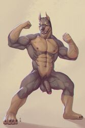 1boy abs anthro athletic athletic_male balls biceps black_nose cain canine doberman fight_pose fighting_stance flaccid grin hi_res humanoid_penis jairus male male_only mammal muscular muscular_male nipples nude pecs penis pose rrowdybeast smile solo uncut vein