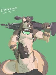 1boy anthro balls big_balls big_penis canine clothed clothing collar ear_piercing erection eyewear fangs genital_piercing goggles green_eyes gun hand_on_hip harness headband hi_res knot looking_at_viewer male male_only mammal muscular pants pants_down partially_clothed penis penis_piercing piercing pose ranged_weapon rifle ritsukaxan sabertooth_(feature) scope solo standing weapon wristband