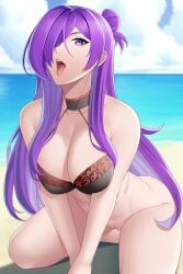 1girls alluring aslindsamure bare_legs beach big_breasts bikini bikini_top_only blue_sky cleavage female_only fire_emblem fire_emblem_heroes fire_emblem_warriors:_three_hopes naked_from_the_waist_down ocean on_knees open_mouth purple_eyes purple_hair pussy shez_(female)_(fire_emblem) shez_(female)_(summer)_(fire_emblem) shez_(fire_emblem)