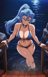1girls armwear big_breasts bikini bikini_bottom bikini_top blue_bikini blue_eyes blue_hair bracelet breasts choker clair_(pokemon) cleavage ear_piercing earrings female female_only game_freak hair hips neckwear pokemon pokemon_gsc ponytail smile solo solo_female swimwear thighs tied_hair vivivoovoo water wet wet_body
