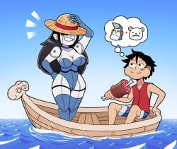 android artist_request beepo_(chunkymoon) boat curvy curvy_figure female luffy male monkey_d_luffy one_piece robot robot_girl straw_hat thick_thighs