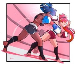 2girls amazu_(kurozu) aoi_(amazu) artist_request ass bare_shoulders black_shorts black_socks blue_hair boxing_gloves boxing_ring catfight clenched_teeth closed_eyes dark-skinned_female dark_skin dolphin_shorts highres in_the_face kickboxing kneehighs long_hair mari_(amazu) multicolored_hair multiple_girls no_shoes orange_hair original ponytail punching red_hair red_shorts short_shorts shorts socks soles standing stirrup_legwear streaked_hair teeth toeless_legwear very_long_hair