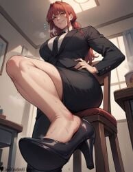 1girls absurd_res ai_generated big_breasts black_suit black_tie blush blush_lines breasts chainsaw_man curvy curvy_figure down feet female femdom foot_focus from_below hand_on_hip high_heels high_resolution highres indoors leg_up lewdcreationsai looking makima_(chainsaw_man) office_lady official_alternate_costume orange_eyes pencil_skirt red_hair sexually_suggestive sitting smirk solo solo_female solo_focus stable_diffusion steam steaming_body steamy_breath sweat sweatdrop sweating sweaty tagme thick thick_legs thick_thighs thighs tie