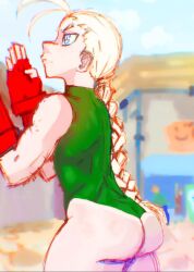 blonde_hair blue_eyes braid braided_ponytail bubble_butt cammy_white flat_chest leotard muscular_female petite randomart street_fighter thick_thighs