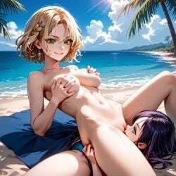 ai_generated beach blonde_hair blue_eyes breasts green_eyes licking licking_ass licking_pussy purple_hair squeezing_breast