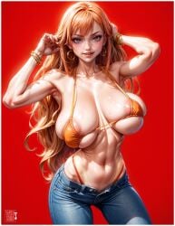 1girls ai_generated bikini breasts brown_hair busty fanart female female_only high_resolution highres huge_breasts jeans jewelr large_breasts long_hair nami nami_(one_piece) narrow_waist one_piece open_eyes orange_hair posing posing_for_picture posing_for_the_viewer seductive seductive_eyes seductive_look seductive_smile sensual smile swimsuit waifu_diffusion yametastudio