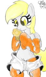 2013 amber_eyes blonde_hair clothing cutie_mark derpy_hooves english_text equine female feral food friendship_is_magic fur grey_fur hair mammal muffin my_little_pony pegasus pussy ricocake solo text wings yellow_eyes