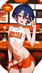 ai_generated brown_hair clothed femboy femboy_hooters girly hooters midriff peace_sign penis short_hair shorts