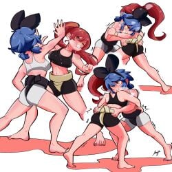 2girls amazu_(kurozu) artist_request bare_shoulders barefoot black_shirt black_shorts blue_hair breasts catfight dif_(difman) highres kneepits mari_(amazu) multiple_girls multiple_views original red_hair ryona shirt shorts sumo toes white_shirt white_shorts