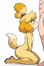 1boy 1girls ai_generated animal_crossing bell_haircut doubutsu_no_mori furry furry_female isabelle_(animal_crossing) nintendo oral_sex shizue_(doubutsu_no_mori) simple_background white_background yellow_fur