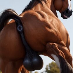 ai_generated anatomically_correct_anus big_balls big_penis feral from_behind horse horse_anus looking_at_viewer low-angle_view male_only muscular muscular_male smiling smirking sweat tail