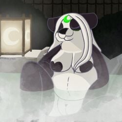 1:1 anthro bear black_body black_fur black_nipples black_nose blush breasts bush_(disambiguation) closed_eyes digital_media_(artwork) female fence fur fur_markings genitals giant_panda hair hot_spring lamp lantern lunarpanda8686 mammal markings mika_(lunarpanda8686) nipples nude onsen partially_submerged pussy round_ears slightly_chubby smile solo steam translucent translucent_water water white_body white_fur white_hair