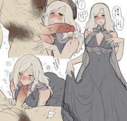 1girls big_breasts big_penis blonde_hair cleavage dress elden_ring fellatio female female_focus fia_the_deathbed_companion fromsoftware oral picco tarnished