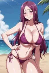 1girl ai_generated beach belly belly_button big_breasts bikini blush blushing huge_breasts imaizumin-chi_wa_douyara_gal_no_tamariba_ni_natteru_rashii lokokabooster69 long_hair purple_eyes purple_hair sasaki_yukina solo