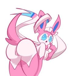 1girls 2024 anthro ass blue_sclera blush female female_only fur game_freak generation_6_pokemon jimblym nintendo pink_fur pink_hair pokemon pokemon_(species) pokemon_xy pussy ribbon solo solo_female sylveon tail thick_thighs white_background white_eyes white_fur