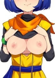 blue_hair breasts breasts_out cleavage clothes_lift dragon_quest dragon_quest_x eyes_out_of_frame female highres large_breasts morisobo nipples no_bra seraphy_(dq10) shirt_lift short_hair simple_background smile solo sweat white_background