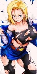 android_18 angry blonde_hair dominant_female dragon_ball dragon_ball_z fem_dom looking_at_viewer torn_clothes torn_legwear underboob underwear