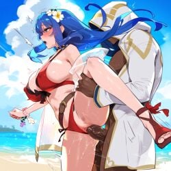 ai_generated big_breasts blue_hair caeda_(fire_emblem) caeda_(summer)_(fire_emblem) cheating_wife fire_emblem fire_emblem_heroes kiran_(fire_emblem)_(male) ntr