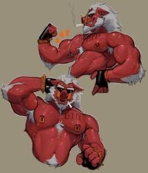 male male_only bara muscles muscular barazoku furry anthro zenless_zone_zero big_daddy_(zenless_zone_zero) sus_(pig) suina facial_hair beard tusks sunglasses white_hair red_skin solo solo_male arctavius armpit armpit_hair chest_hair sweat sweating tattoo flexing cigarette