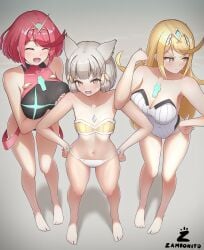 3girls bare_legs big_breasts bikini blonde_hair breasts chest_jewel core_crystal english_commentary grey_hair highres jpeg large_breasts multiple_girls mythra mythra_(xenoblade) nia nia_(xenoblade) one-piece_swimsuit pyra pyra_(xenoblade) red_hair ribbed_swimsuit small_breasts standing strapless strapless_one-piece_swimsuit swimsuit tiara two-tone_swimsuit xenoblade_(series) xenoblade_chronicles_2 zambonito