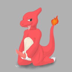 2014 animal_genitalia animal_penis brown_eyes charmeleon cloaca cum cum_on_ground erection feral hi_res holding_penis kairyu211 kneeling looking_at_viewer male male_only nintendo nude penis pokémon_(species) pokemon simple_background solo tongue tongue_out video_games