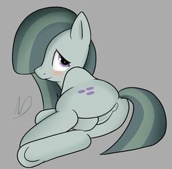 2015 anus blush cutie_mark earth_pony equine female feral friendship_is_magic fur grey_background grey_fur grey_hair hair hi_res horse looking_at_viewer looking_back mammal marble_pie my_little_pony neighday pony purple_eyes pussy simple_background solo