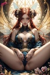 ai_generated blue_dress breasts cleavage cute_face fairy fairy_wings gold_jewelry golden_eyes hair_ornament hands_on_pussy long_eyelashes long_hair non-nude offering_to_viewer pixie_cut red_hair red_lipstick sitting spark_star spread_legs twintails