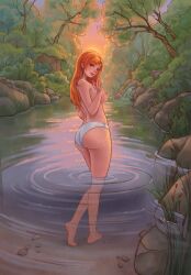 art_trade babs_(blarghonator) beckoning brown_eyes freckles oc original original_character outdoor_nudity outdoors panties red_hair river rubyaxehound smile sunlight sunset the_city_of_reygarth white_panties